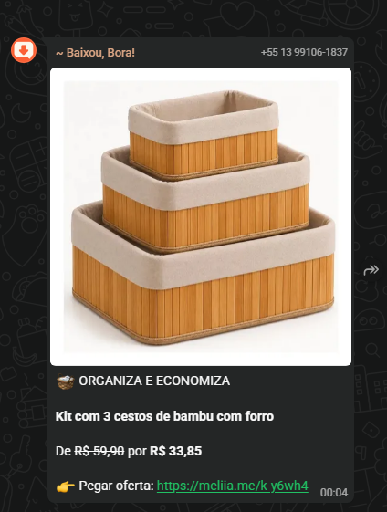 Mensagem anterior da Baixou, Bora! no WhatsApp: kit com 3 cestos de bambu com forro, de R$ 59,90 por R$ 33,85. Exemplo do formato de envio, não uma oferta atual.